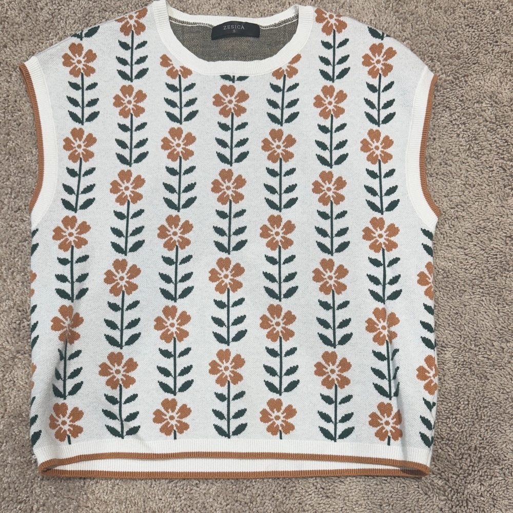 Floral Knit Sleeveless Top - White and Orange